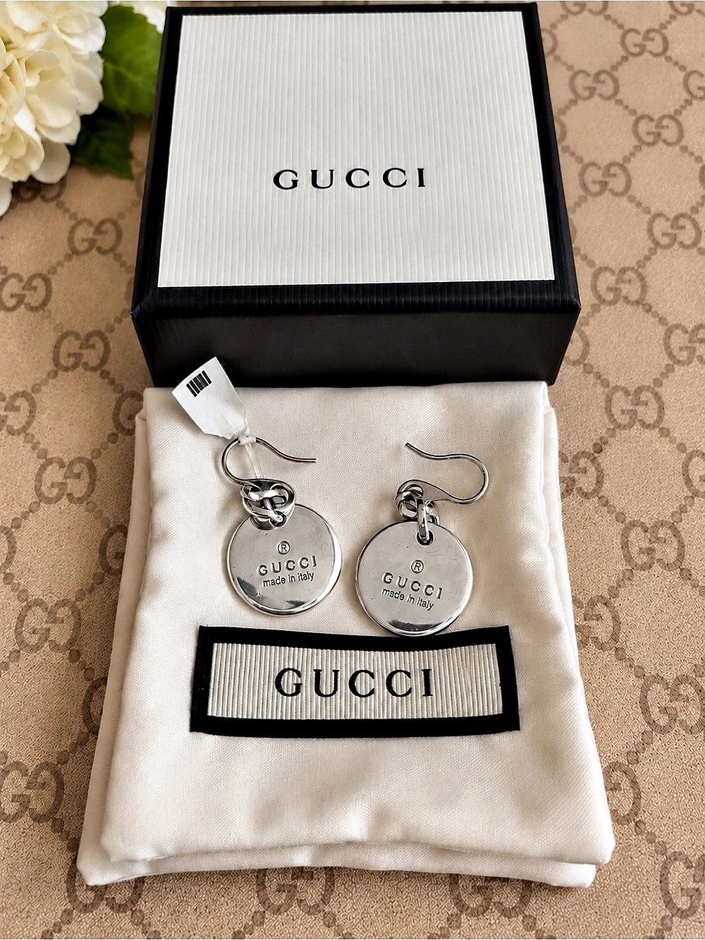 Gucci Sterling Silver 925 Logo Disc Drop Earrings w/ Box & Dust Bag